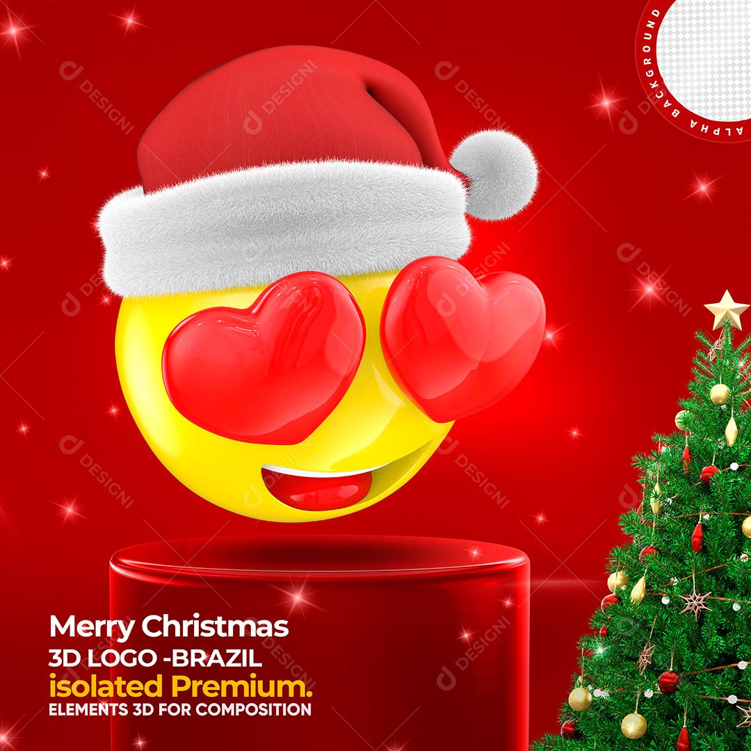 Elemento 3D Para Composição Emoji Carinha Com Corações e Gorro de Natal PSD
