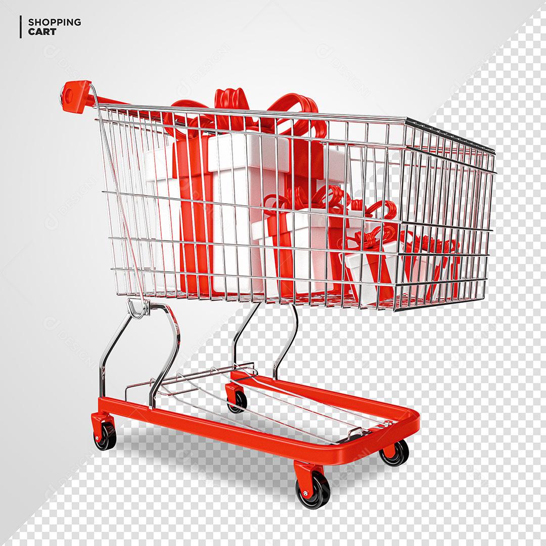 Carrinho de Compras Vermelho Com Caixas de Presentes Elemento 3D PSD