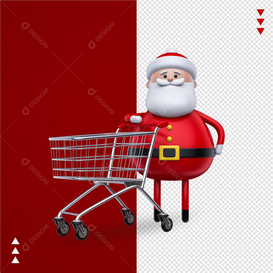 Elemento 3D PNG Para Composição Papai Noel Com Carrinho De Compra