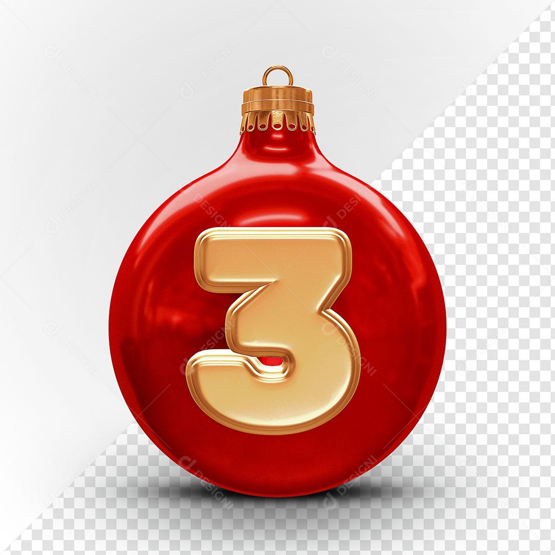 Bola de Natal Vermelha Número 3 Elemento Natalino 3D Para Composição PSD