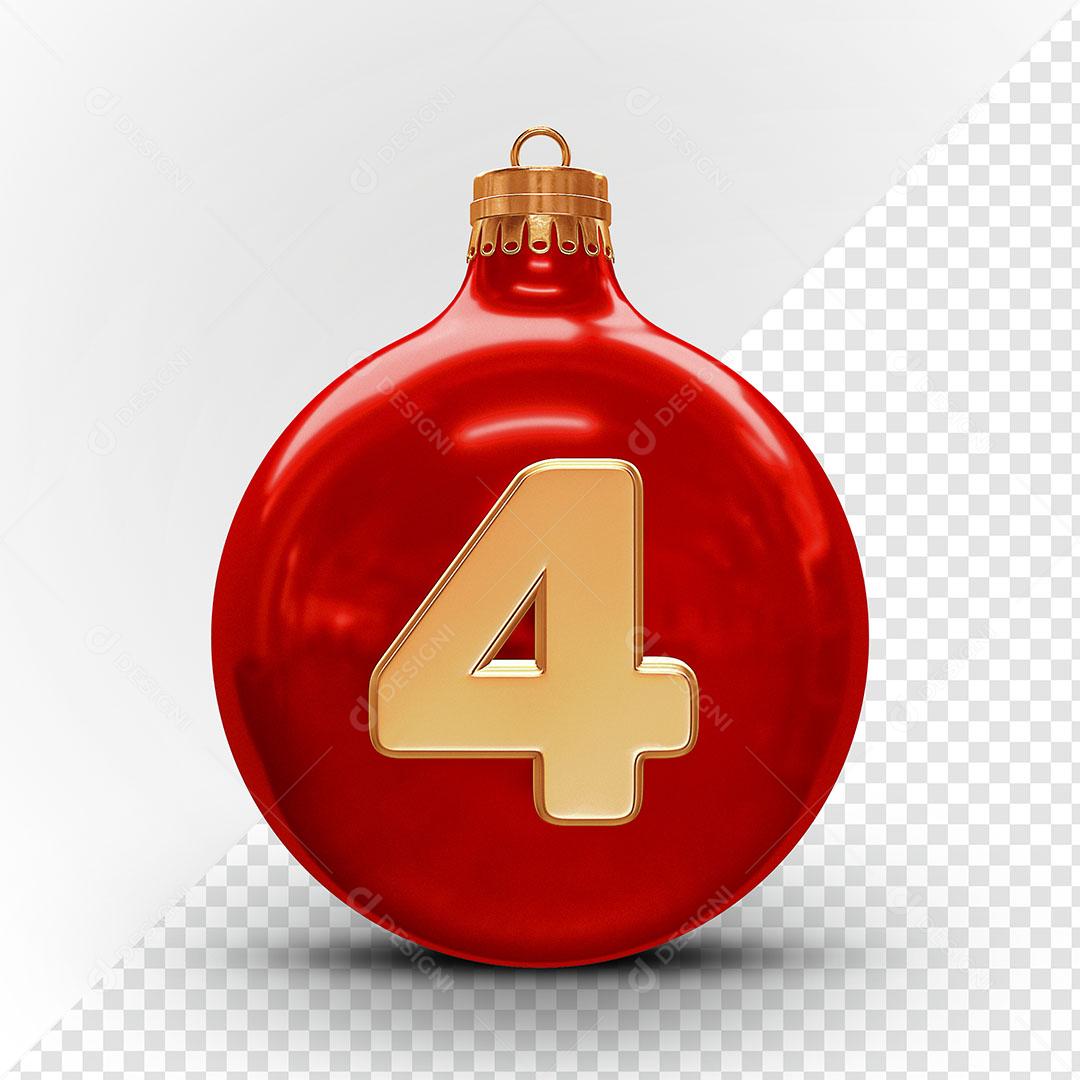 Bola de Natal Vermelha Número 4 Elemento Natalino 3D Para Composição PSD