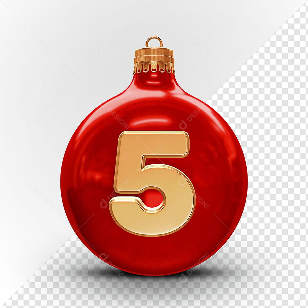 Bola de Natal Vermelha Número 5 Elemento Natalino 3D Para Composição PSD