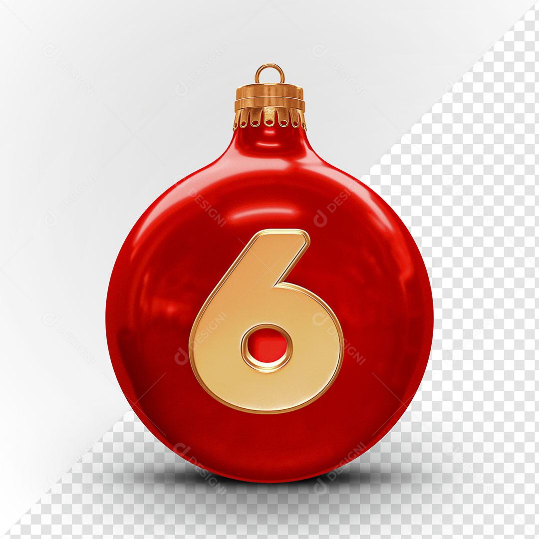 Bola de Natal Vermelha Número 6 Elemento Natalino 3D Para Composição PSD