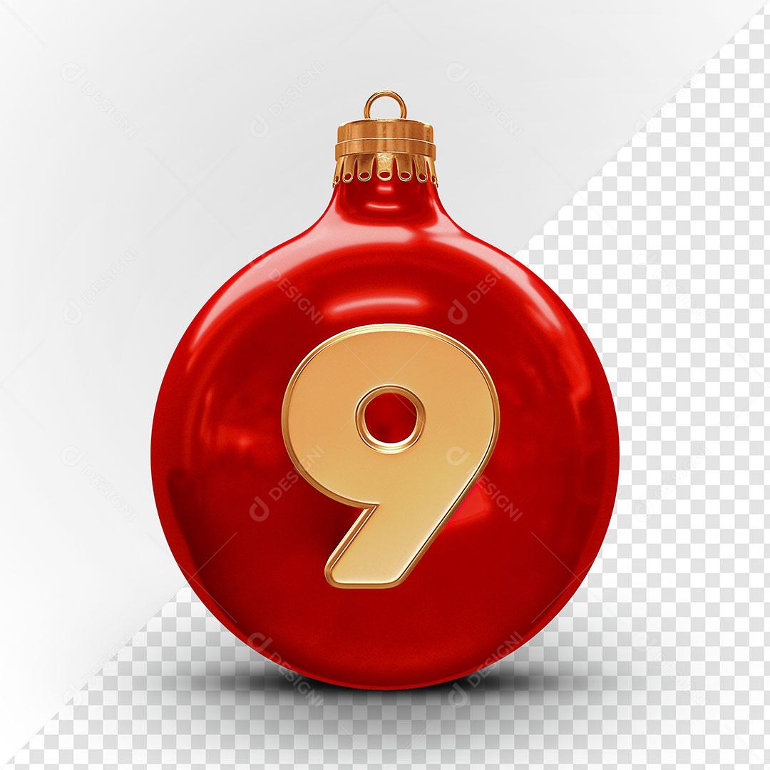 Bola de Natal Vermelha Número 9 Elemento Natalino 3D Para Composição PSD