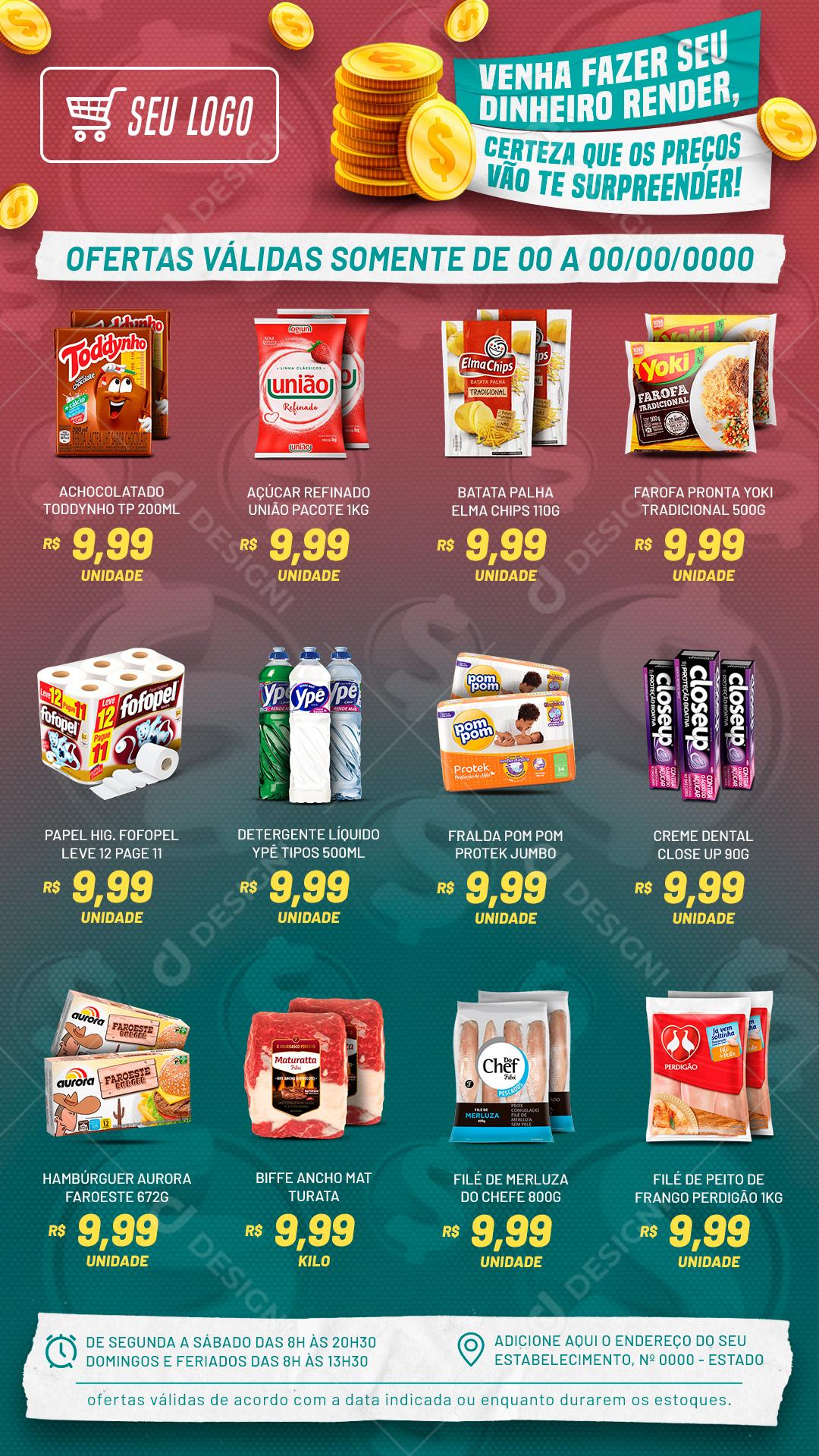 Encarte Venha Fazer O Seu Dinheiro Render Supermercado Social Media PSD Editável