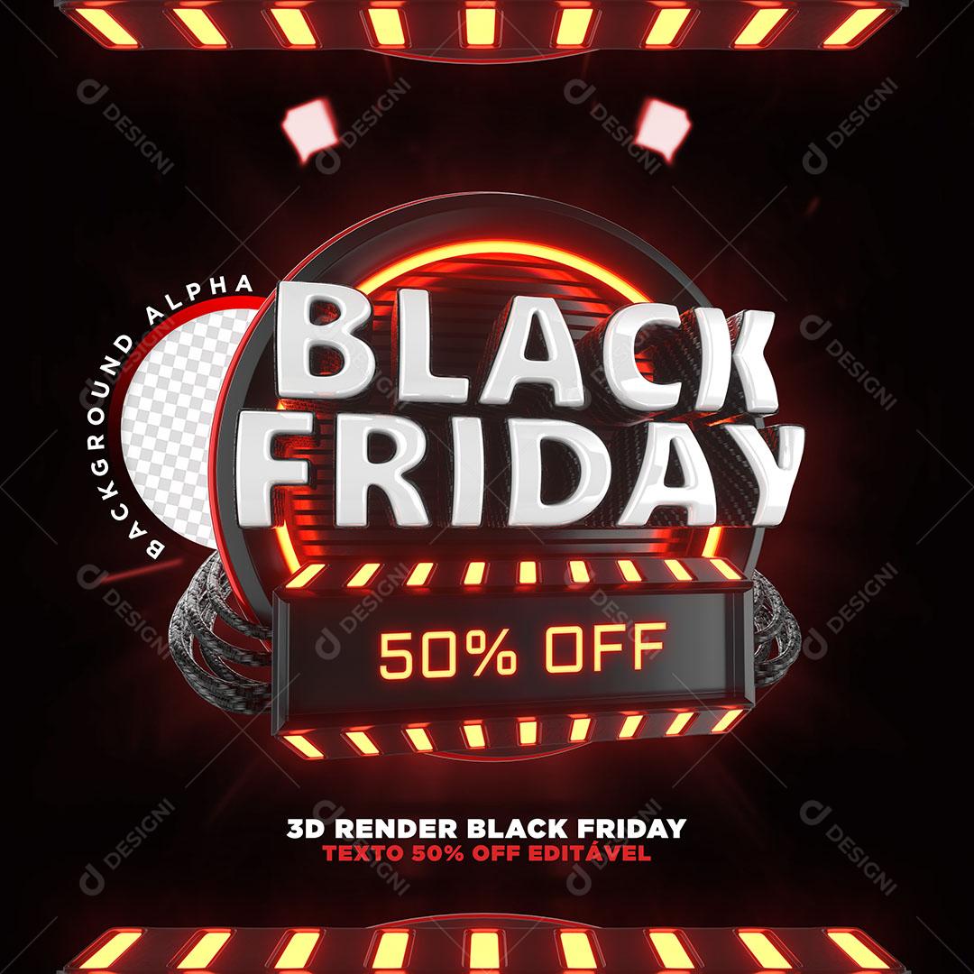 Black Friday 50% Off Selo 3D Com Luzes Neon Para Composição PSD Editável