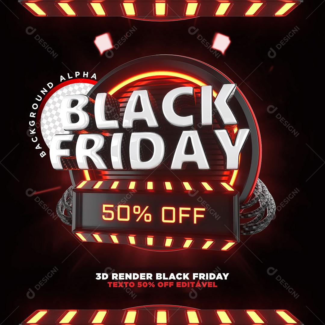 Black Friday 50% Off Selo 3D Com Luzes Neon Para Composição PSD Editável