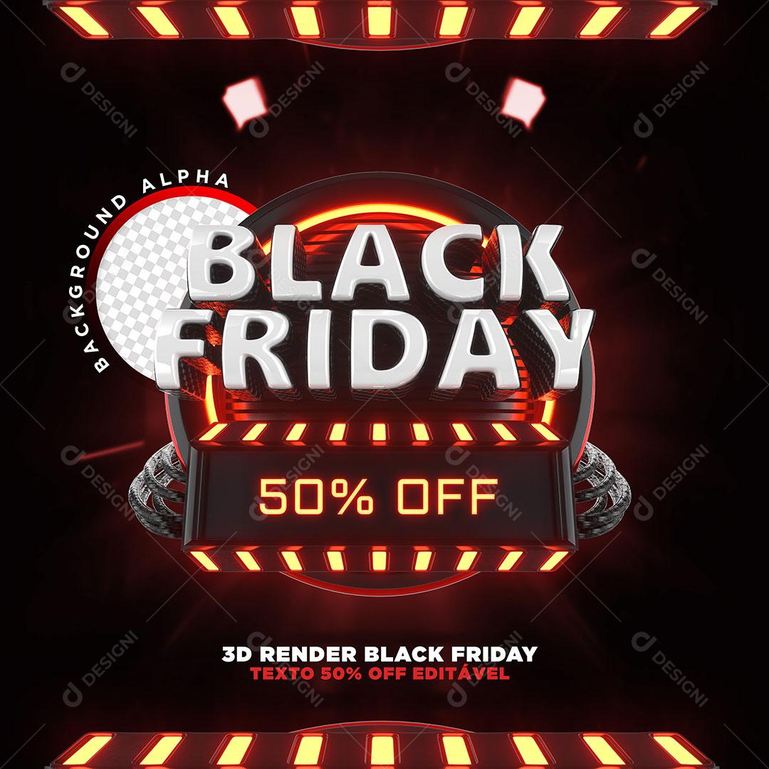 Black Friday 50% Off Selo 3D Com Luzes Neon Para Composição PSD Editável