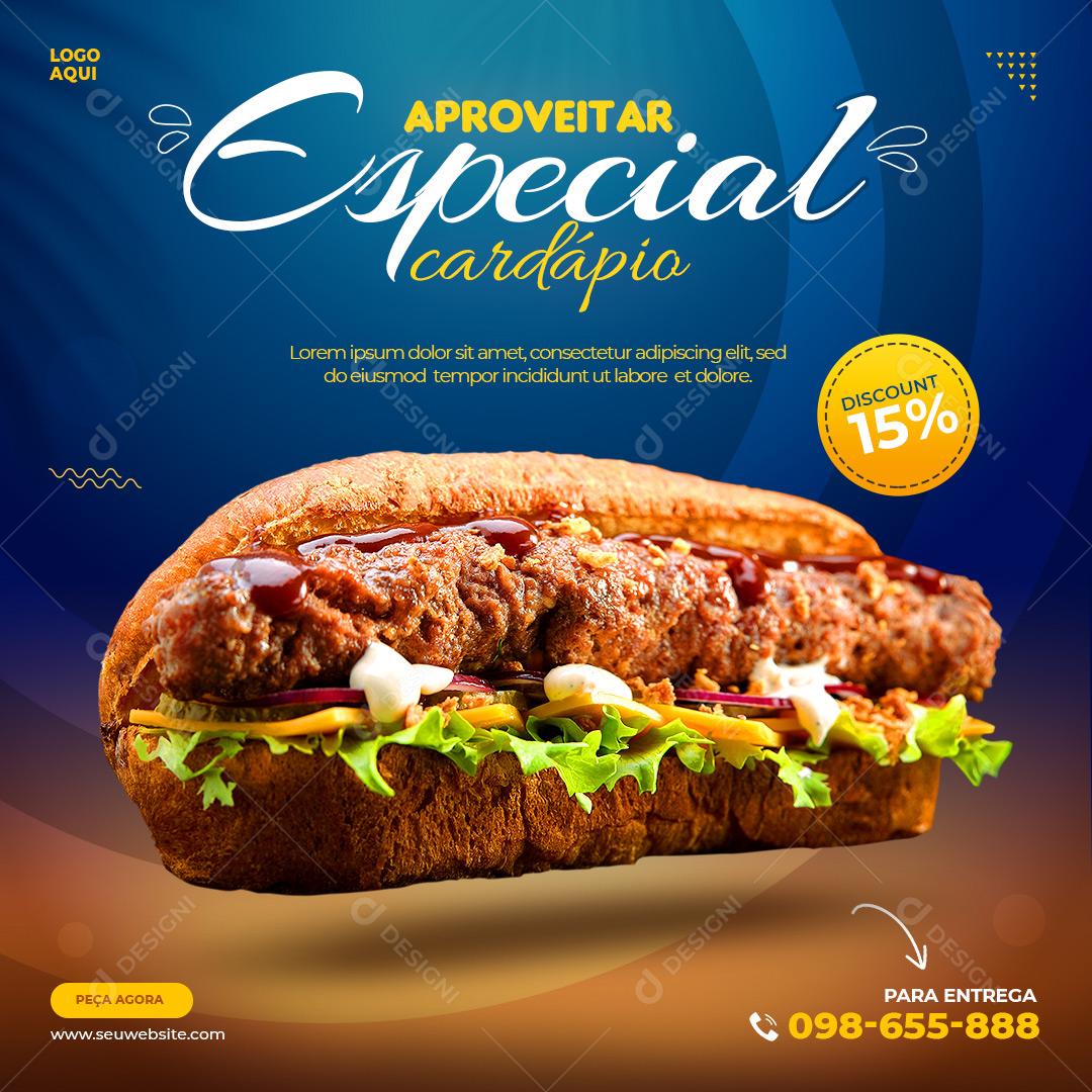 Post Feed Hamburgueria Cardápio Especial Aproveite Social Media PSD Editável