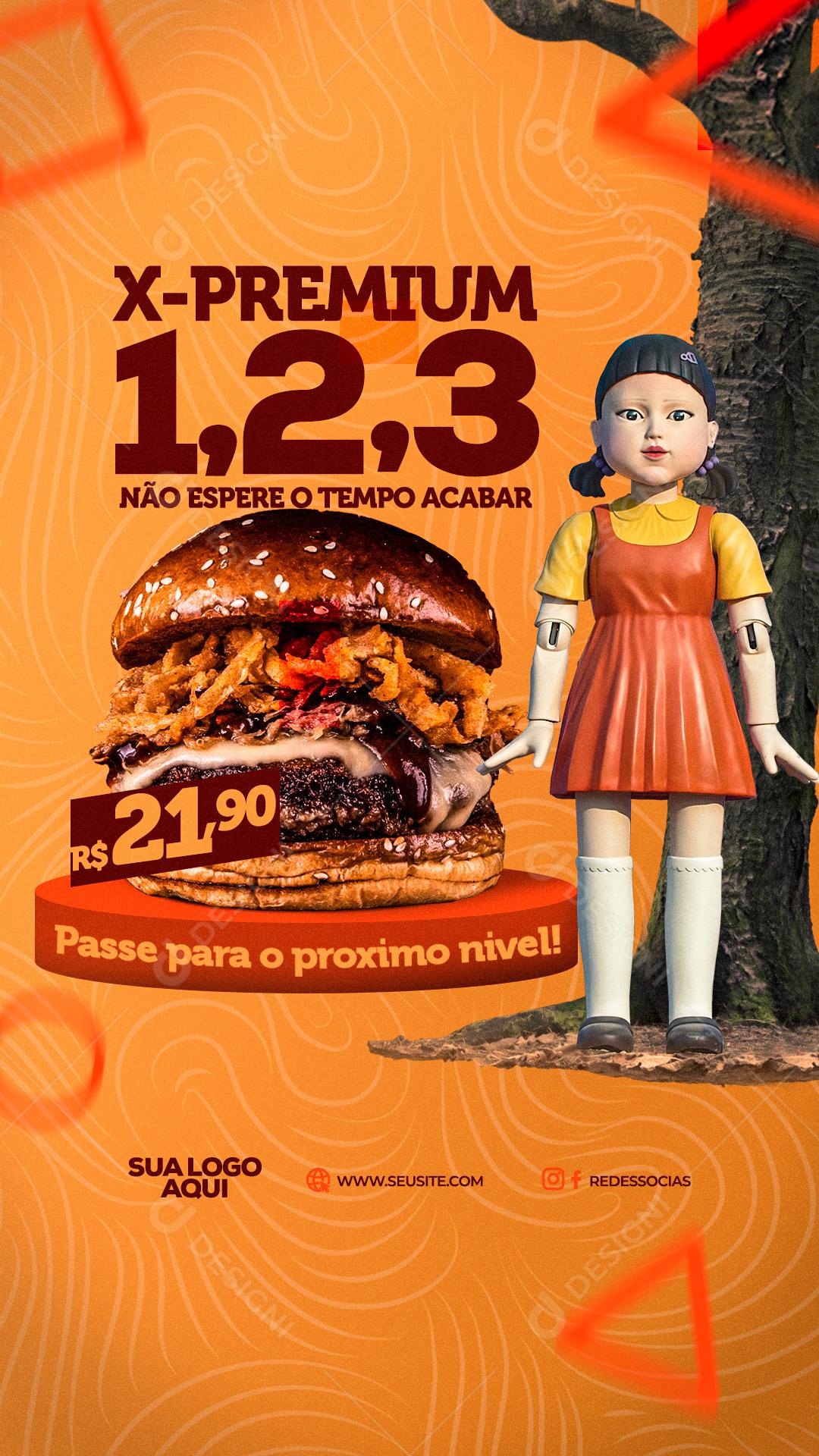 Post Story Hamburgueria X Premium 1 2 3 Burguer Social Media PSD Editável