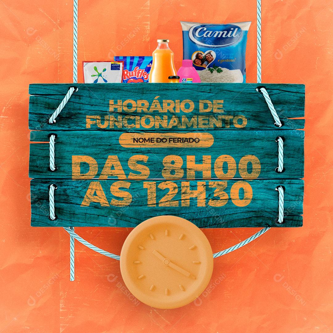 Post Feed Supermercado Horário de Funcionamento Lojas Varejo Social Media PSD Editável