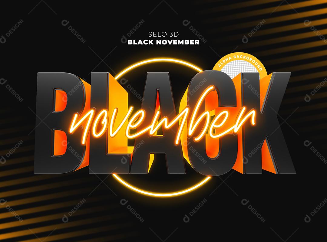 Black November Selo 3D Texto Neon Amarelo PNG Transparente