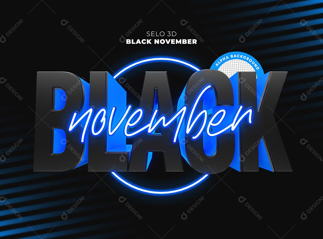 Black November Selo 3D Texto Neon Azul PNG Transparente