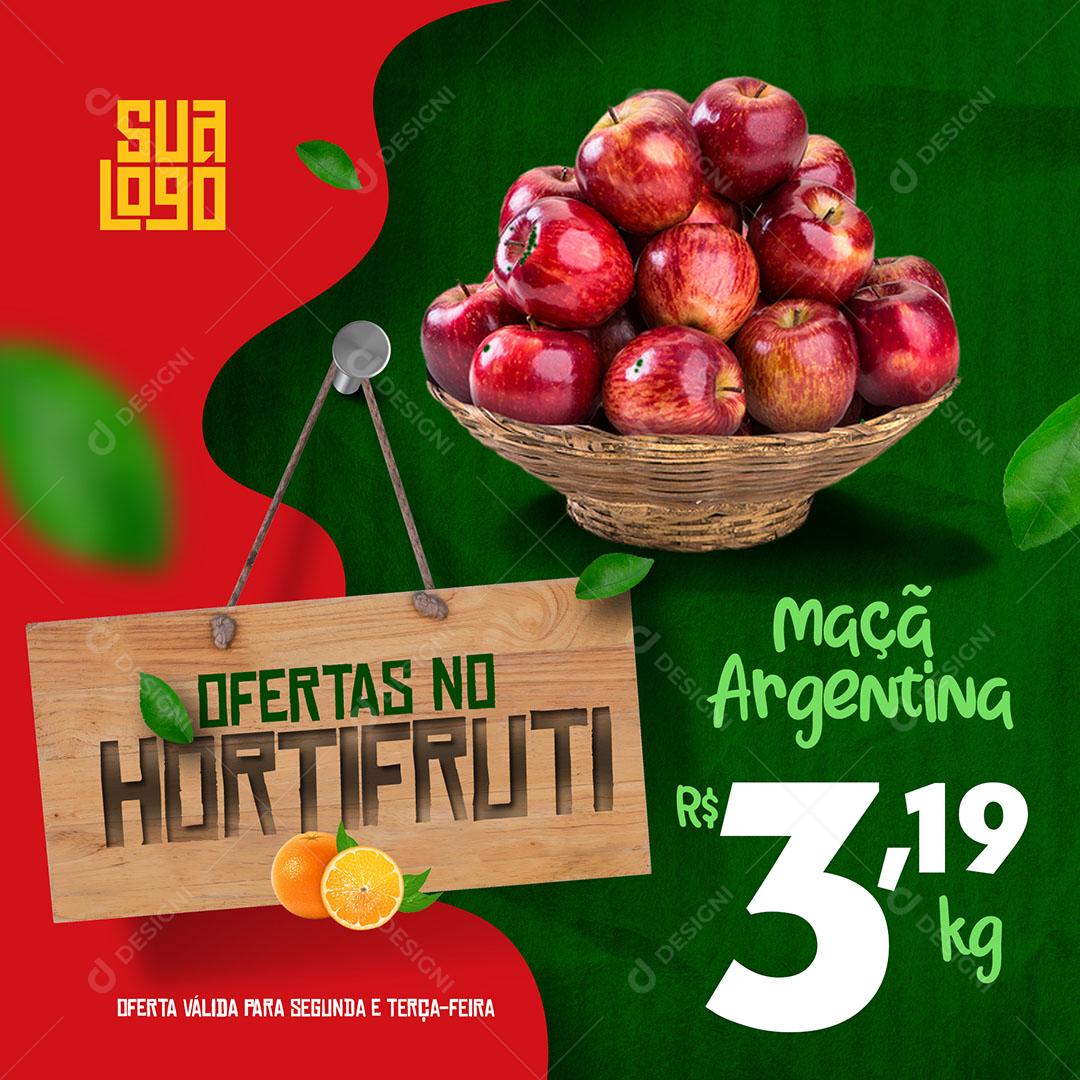 Post Feed Supermercado Ofertas no Hortifruti Maçã Argentina Social Media PSD Editável