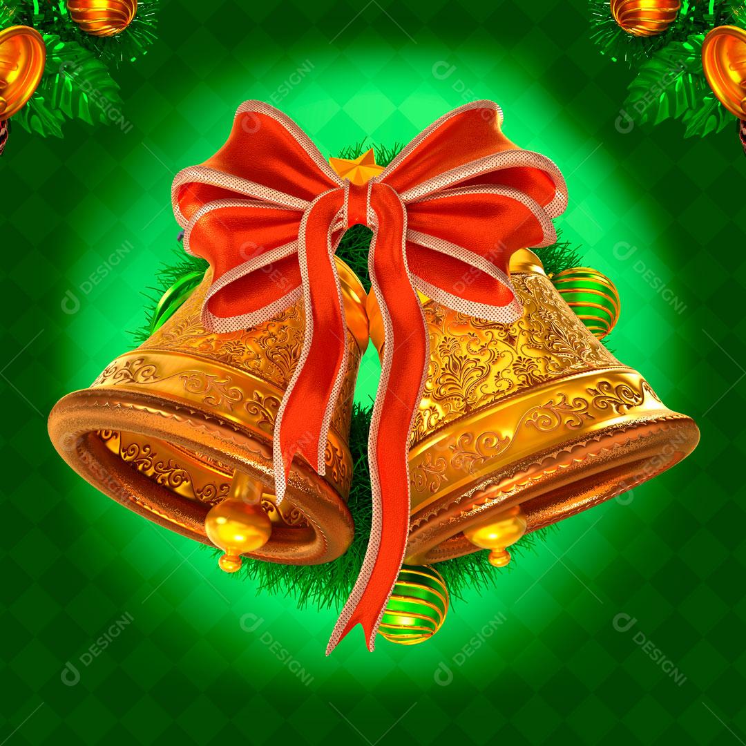 Sinos Natalino com Enfeite Vermelho Elemento 3D Para Composição PSD
