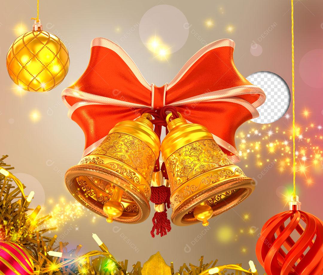 Sinos Natalino com Enfeite Vermelho Elemento 3D Para Composição PSD
