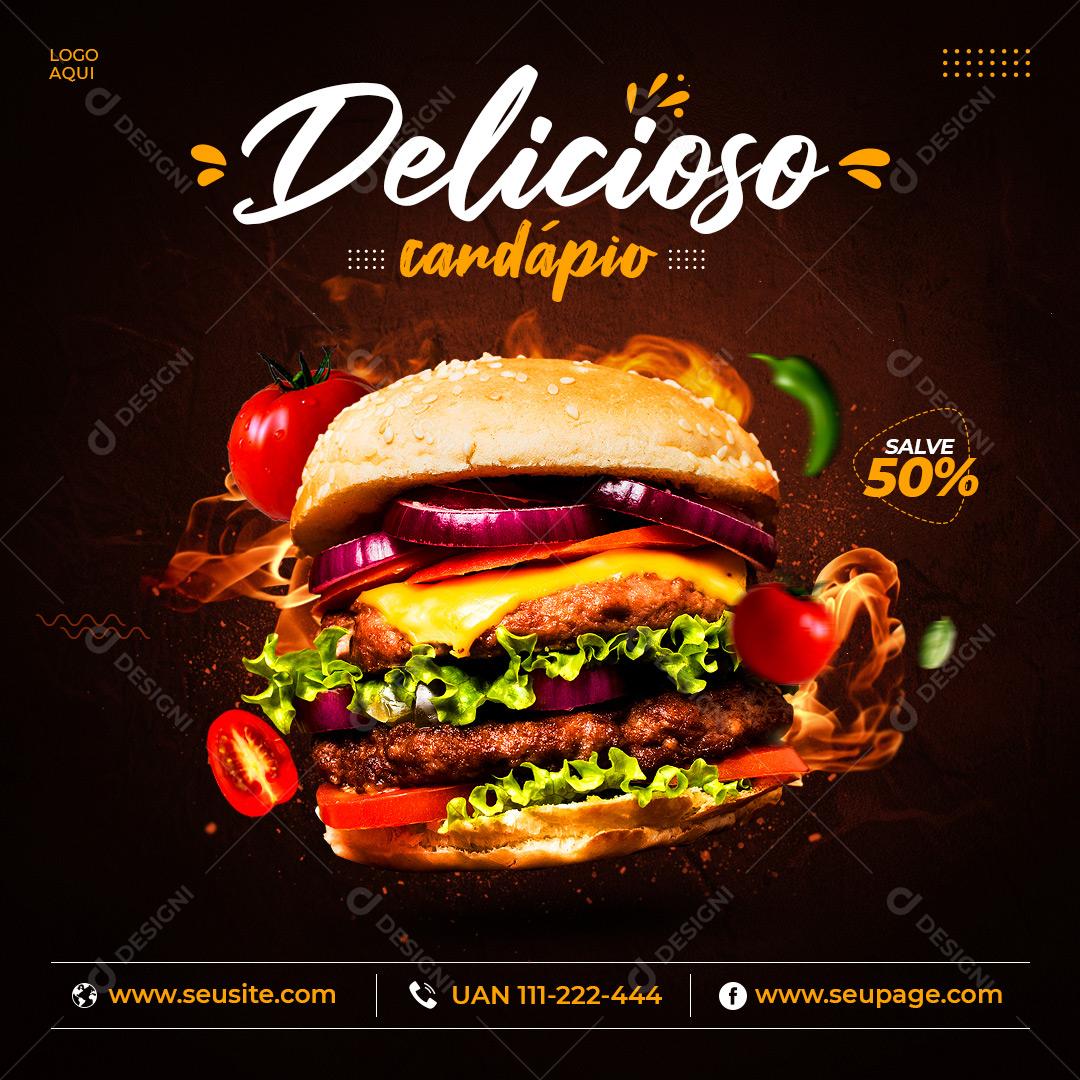 Post Feed Hamburgueria Delicioso Cardápio Burger Social Media PSD Editável