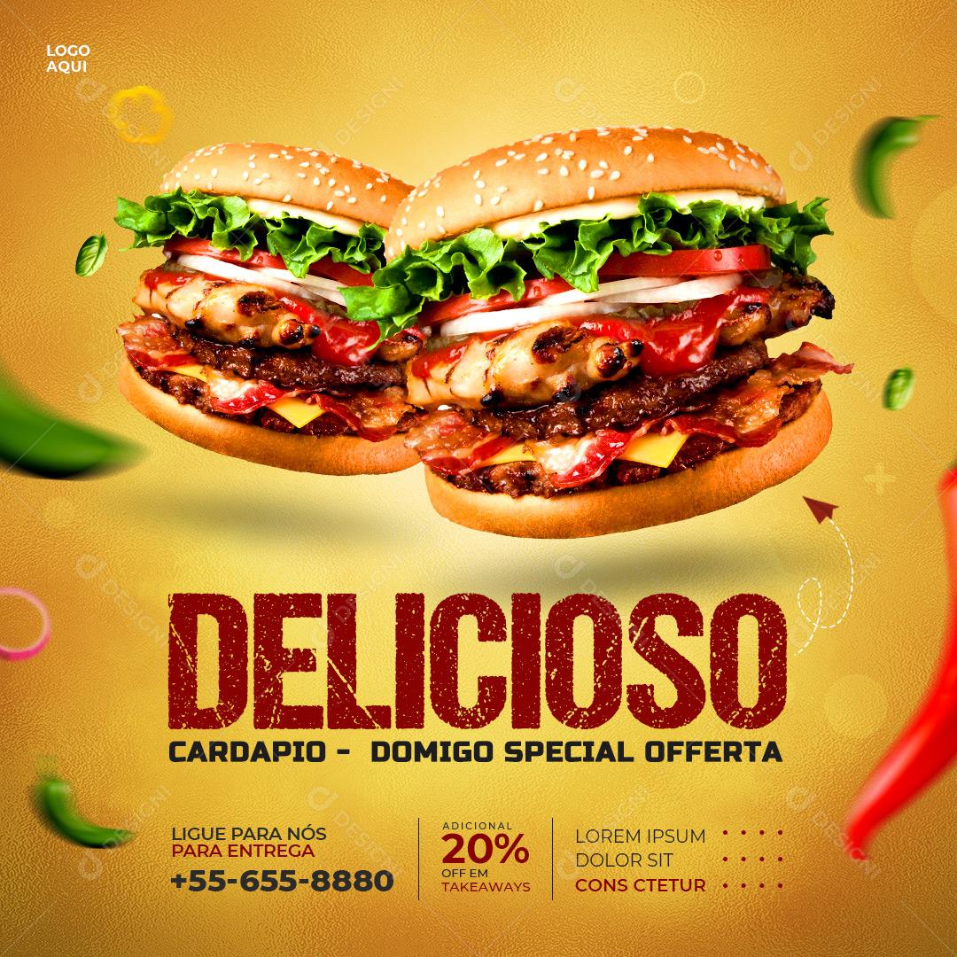 Post Feed Hamburgueria Delicioso Cardápio Domingo Burger Social Media PSD Editável