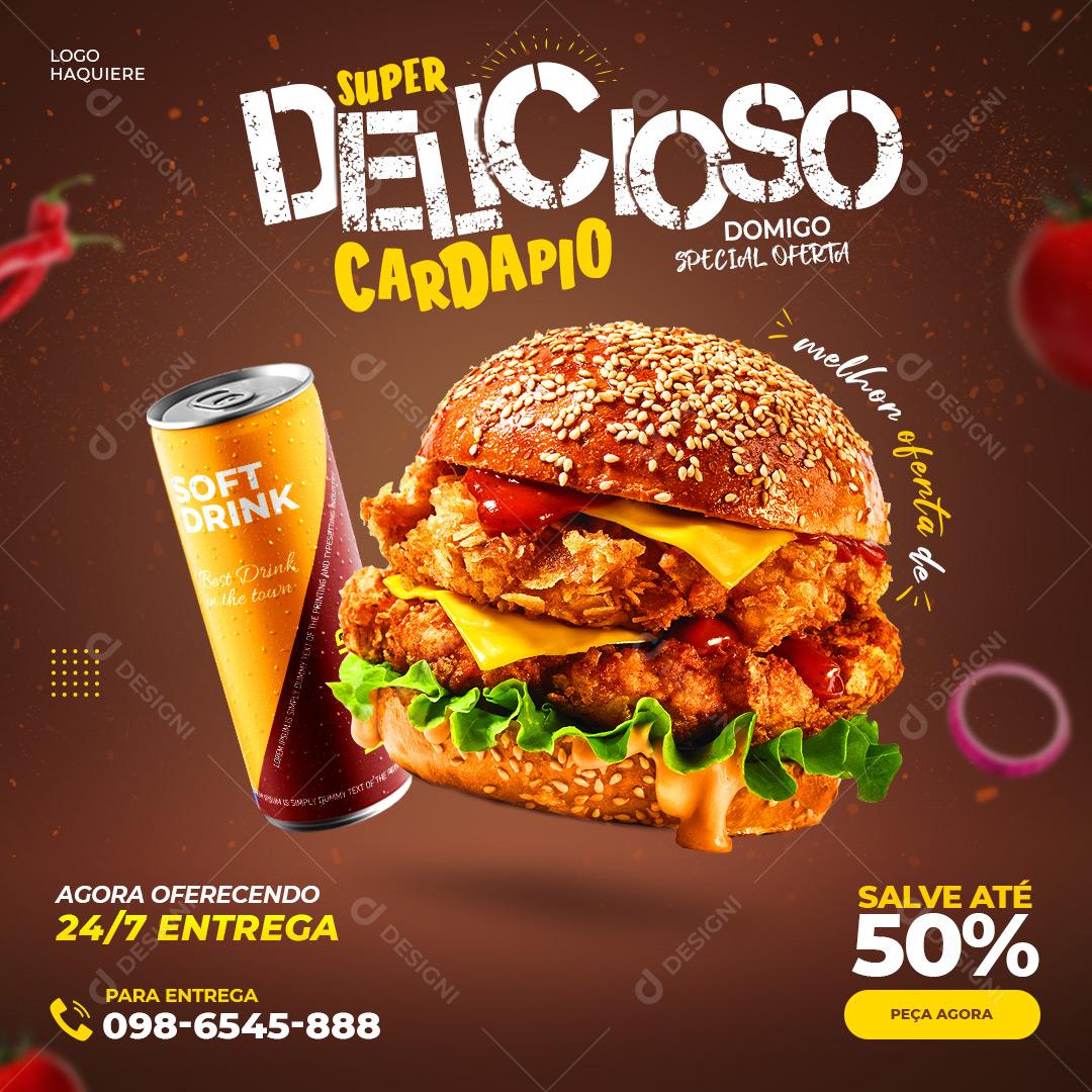 Post Feed Hamburgueria Delicioso Cardápio Burger Social Media PSD Editável