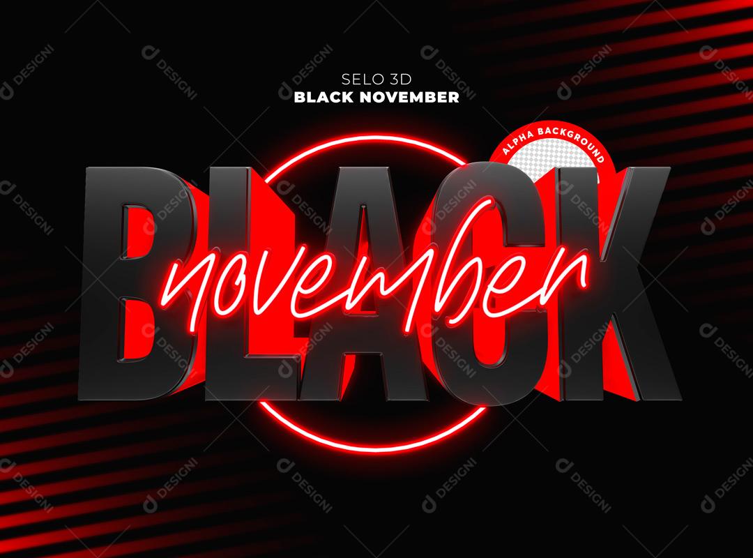Selo 3D Black November Texto Neon Para Composição PNG