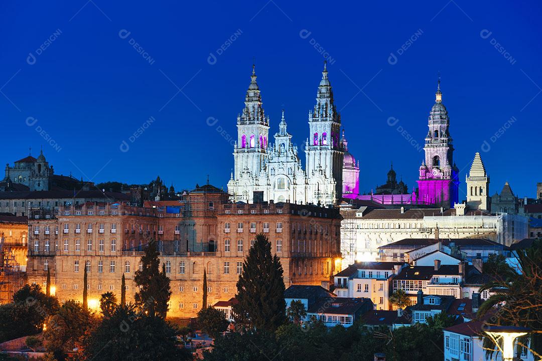 Vista Panorâmica da Catedral de Santiago de Compostela, na Espanha Hora Azul Imagem JPG