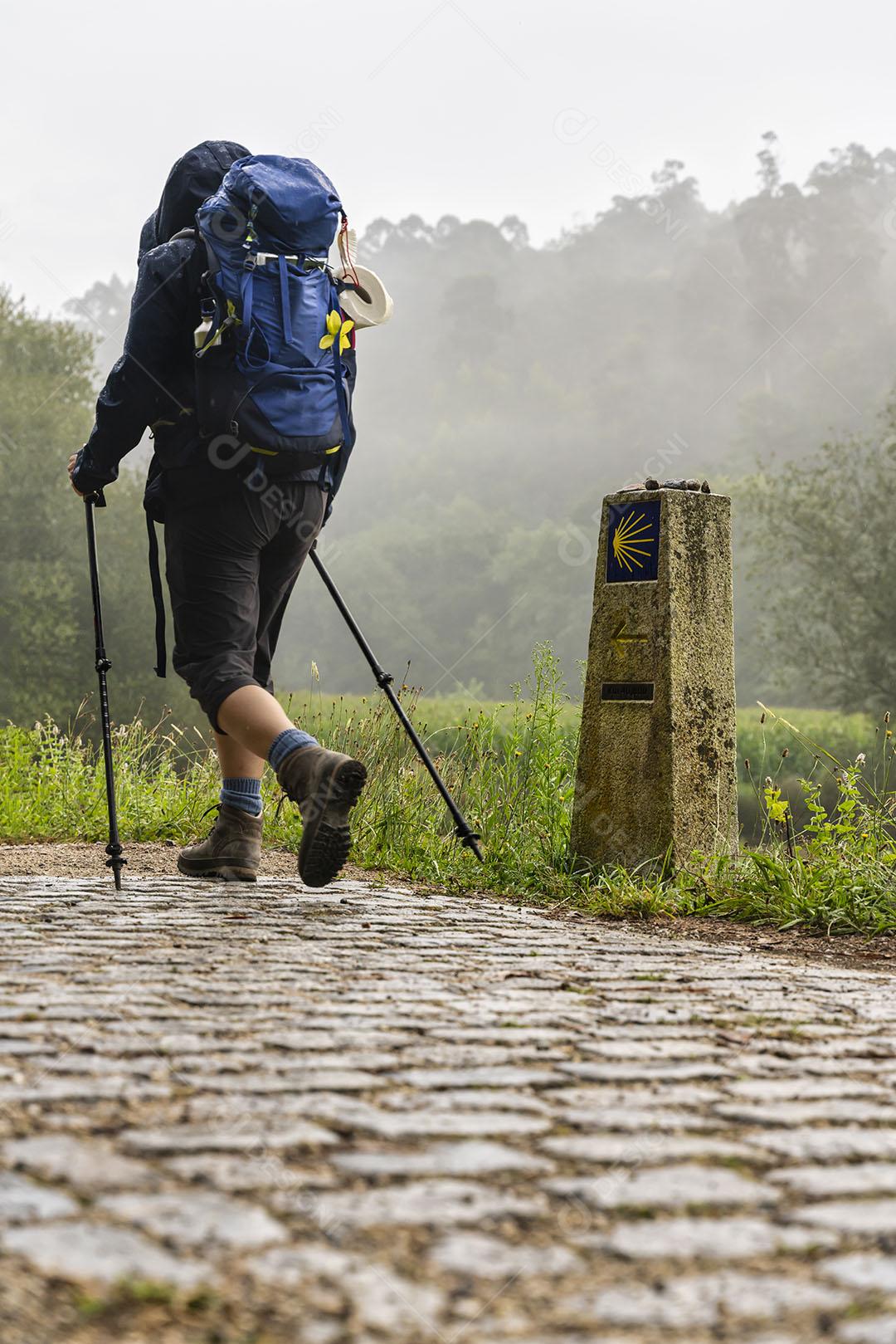 Peregrino Caminhando a Caminho de St James (santiago) Em Um Dia de Neblina na Galiza Imagem JPG