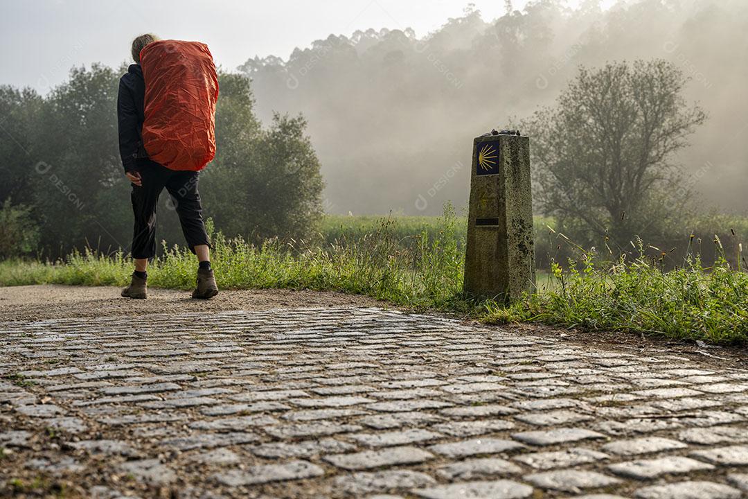 Peregrino Caminhando a Caminho de St James (santiago) Em Um Dia de Neblina na Galiza Imagem JPG