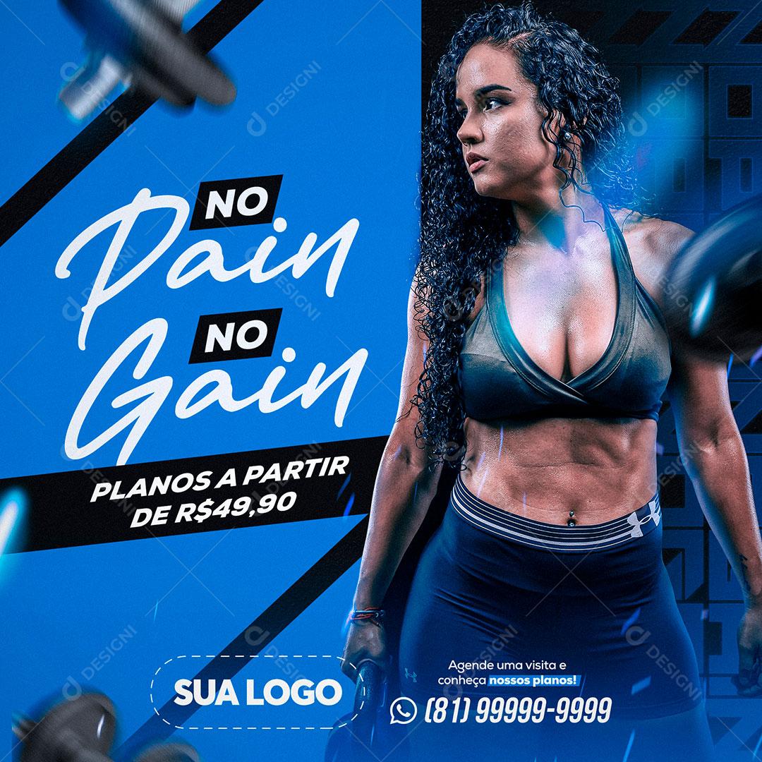 Social Media Academia No Pain No Pain Foco Força PSD Editável