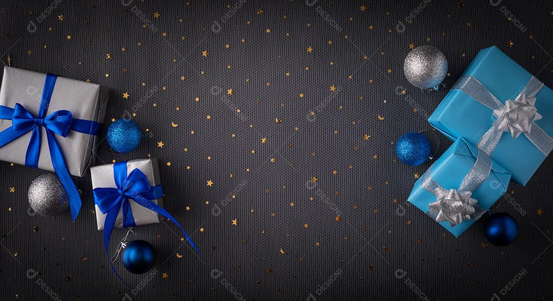 Foto Fundo Estrelado Caixas Presentes Natal Embrulhadas Cartaz Natal Horizontal Cartões Site Imagem JPG