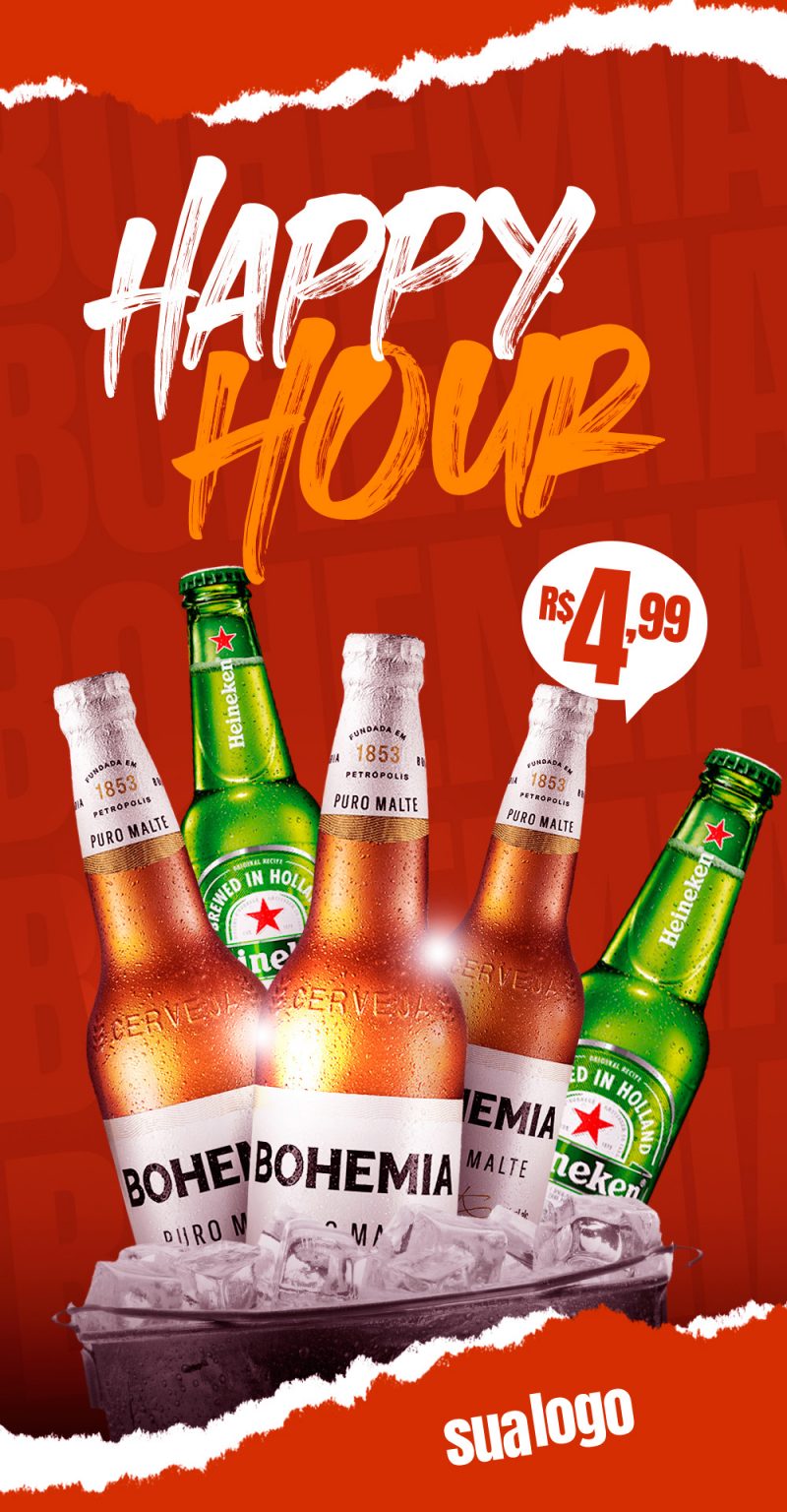 Post Story Happy Hour Cervejas Heineken E Bohemia Social Media PSD Editável