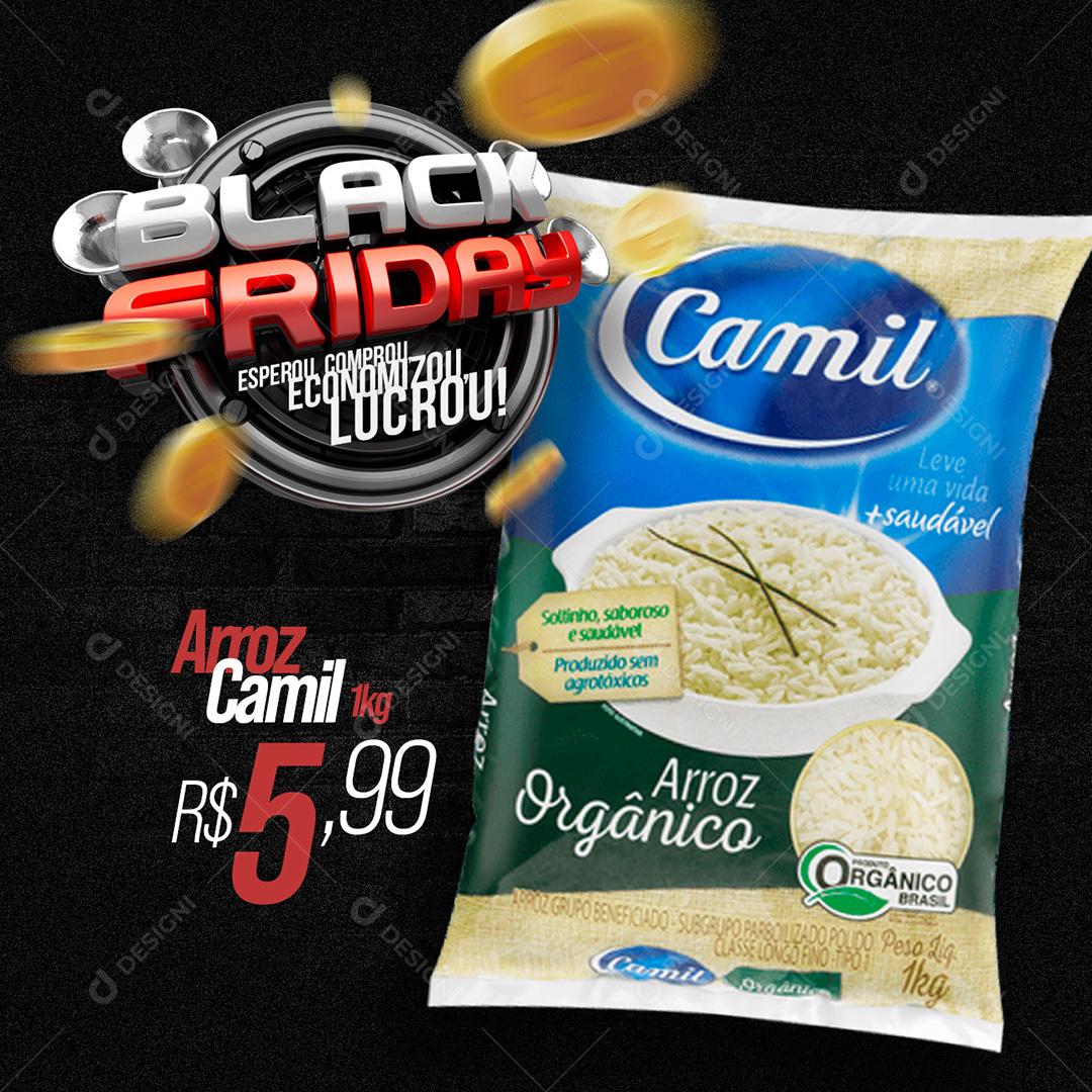 Post Supermercado Black Friday Arroz Camil 1kg Social Media PSD Editável