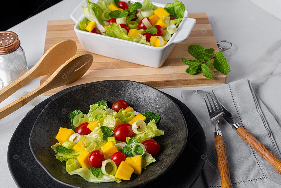 Photo Tropical Salad Served Lettuce Tomato White Marble Image JPG