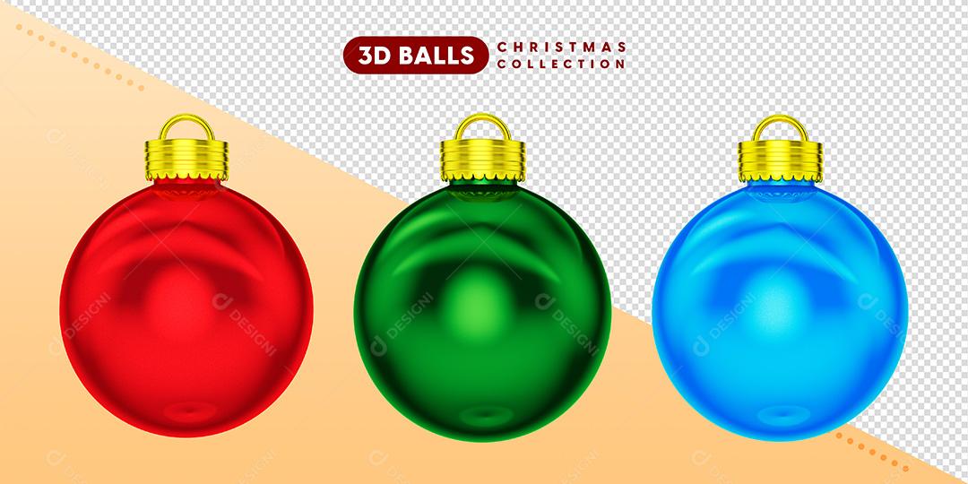 Elemento 3D Para Composição Bolas De Natal Vermelha Azul E Verde PSD