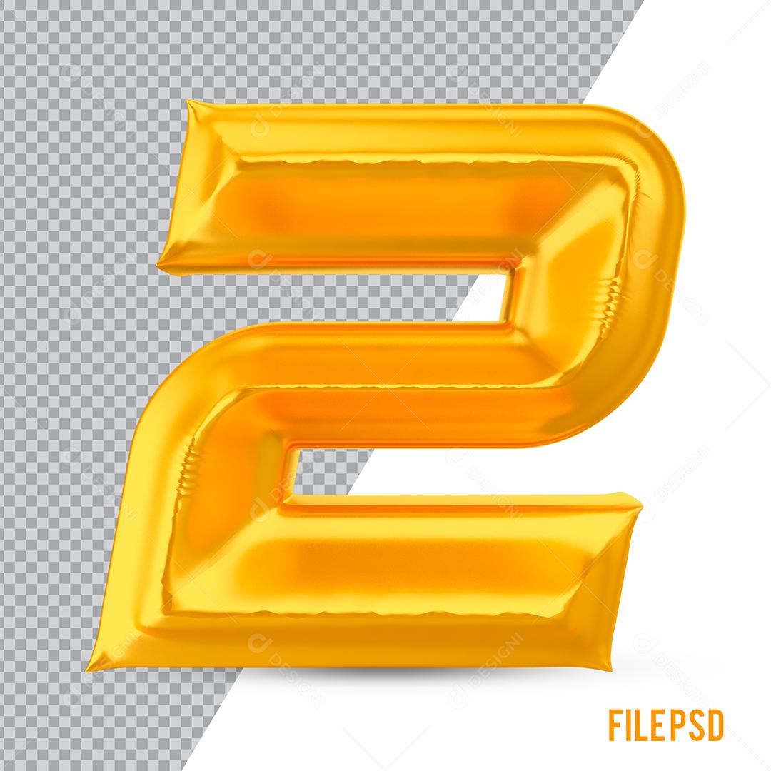 Número 2 Dourado Elemento 3D Para Composição PSD