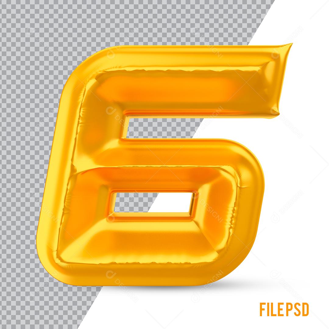 Número 6 Dourado Elemento 3D Para Composição PSD