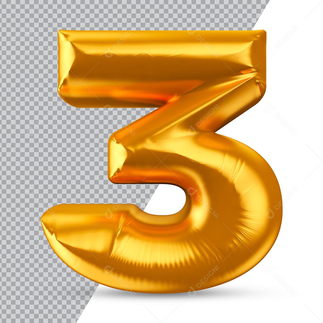 Número 3 Balão Dourado Elemento 3D Para Composição PNG