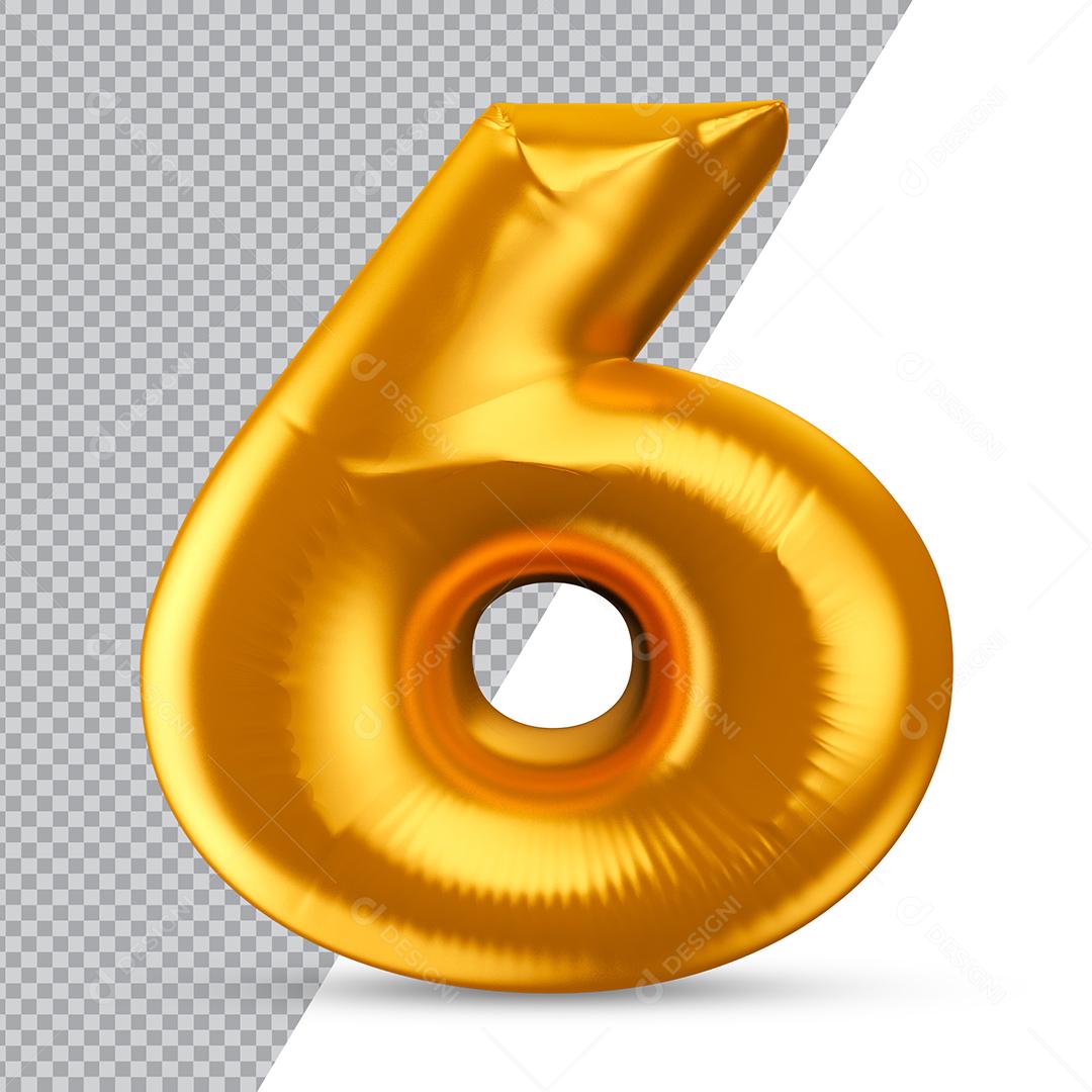 Number 6 Golden Balloon 3D Element For Compositing PNG