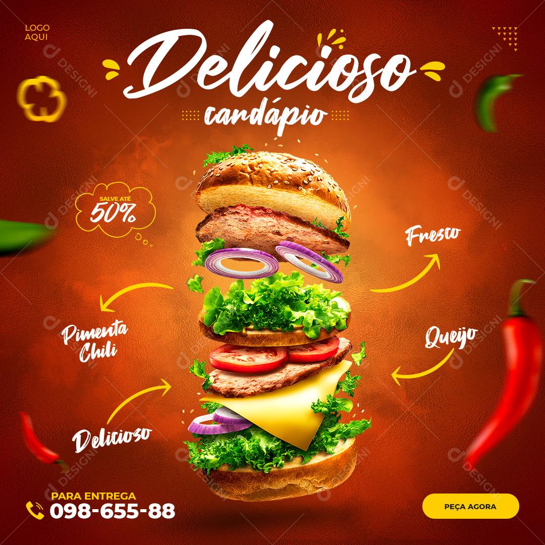 Hambúrguer Social Media Delicioso Cardápio Burge PSD Editável