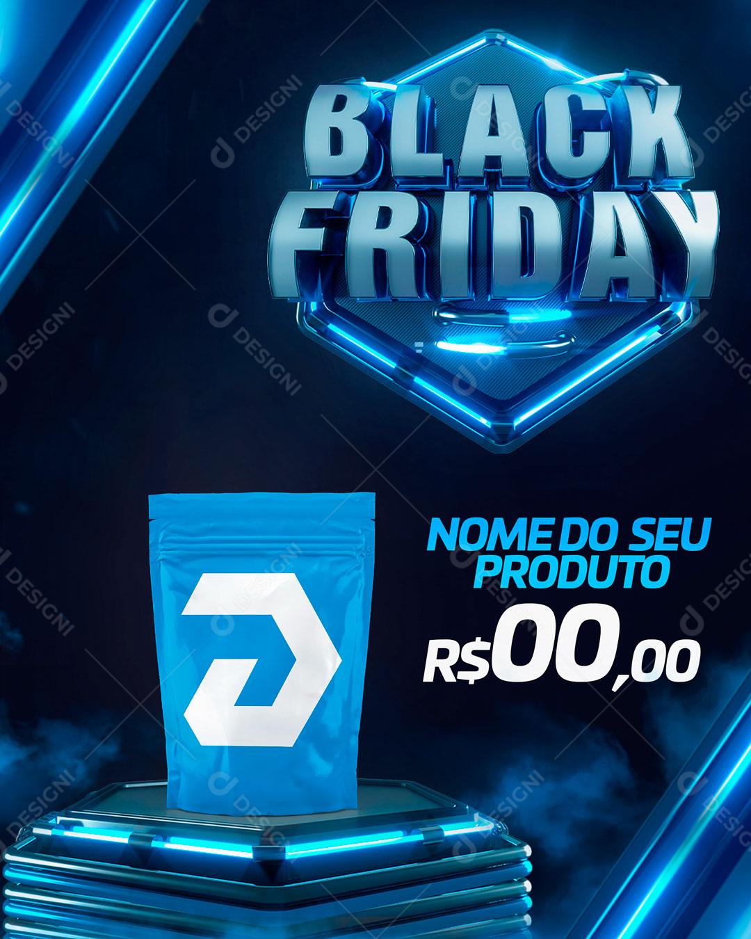 Social Media Template Black Friday Selo Neon Podium Azul PSD Editável