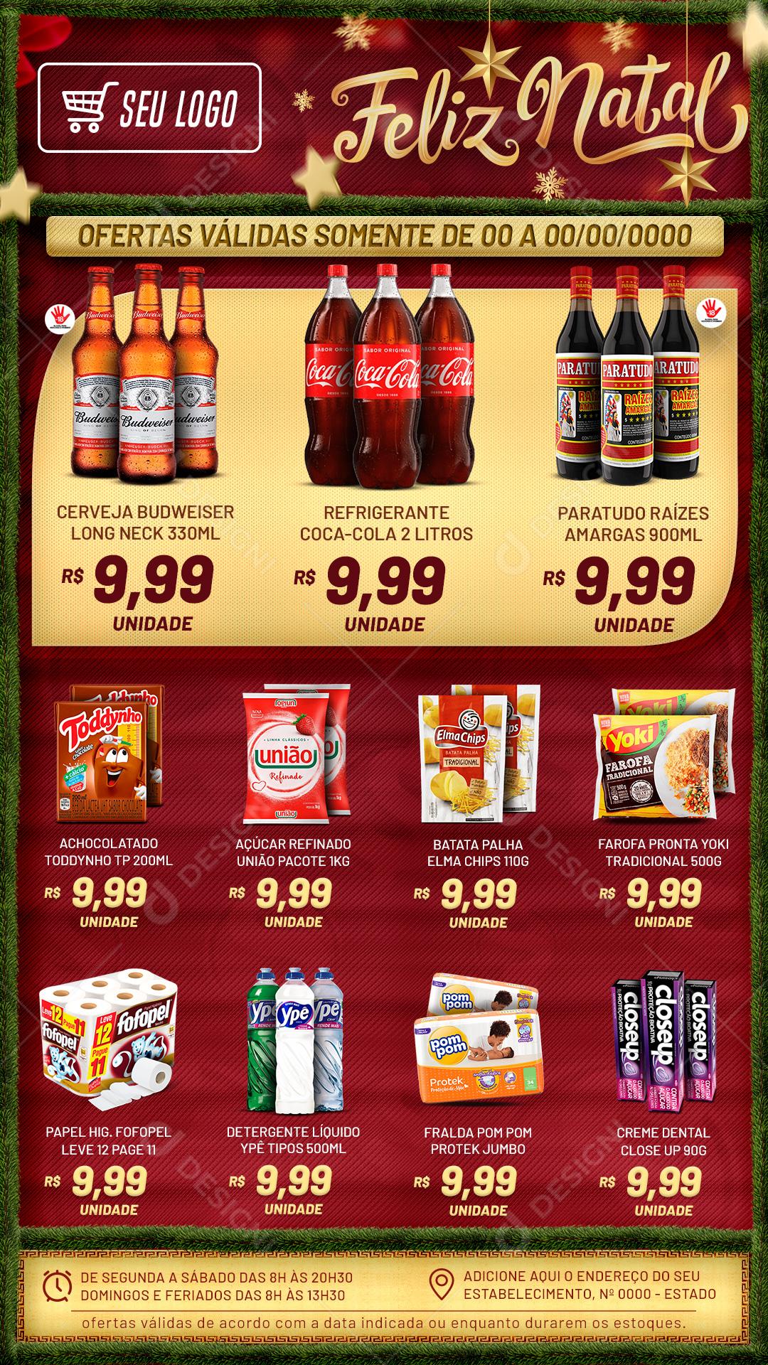Encarte Feliz Natal Produtos Refrigerante Cerveja Social Media PSD Editável