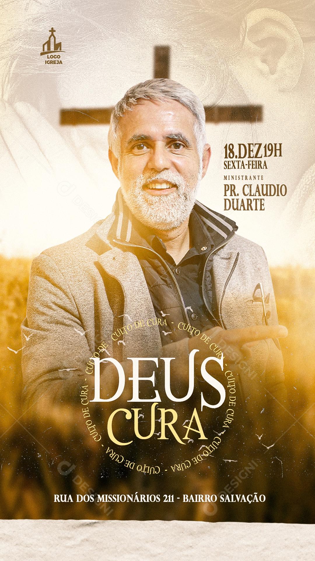 Social Media Flyer Gospel Deus Cura Palavra Com Pastor Claúdio Duarte