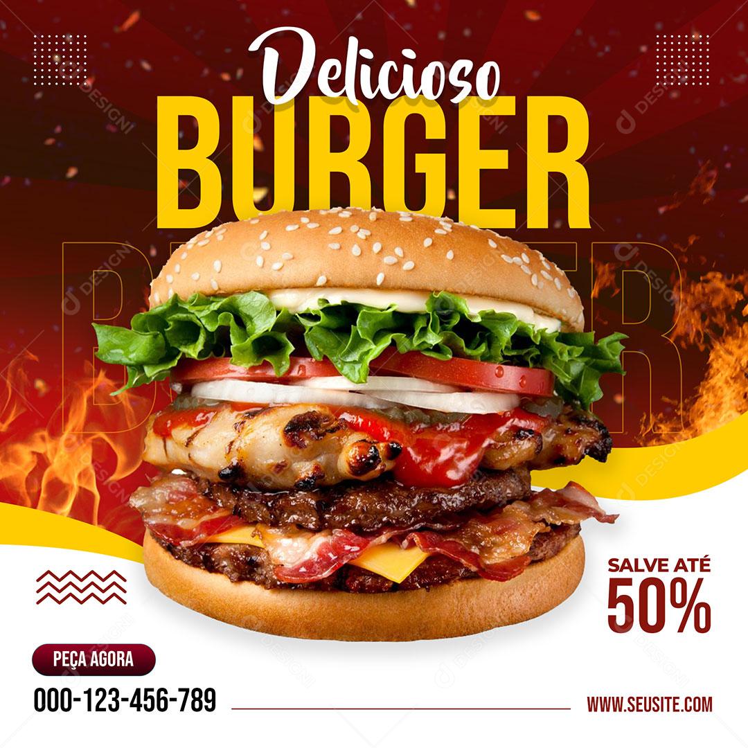 Social Media Hamburgueria Delicioso Bugue 50% De Desconto PSD Editável