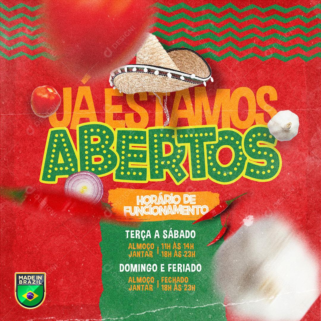 Post Comida Mexicana Já Estamos Abertos Social Media PSD Editável