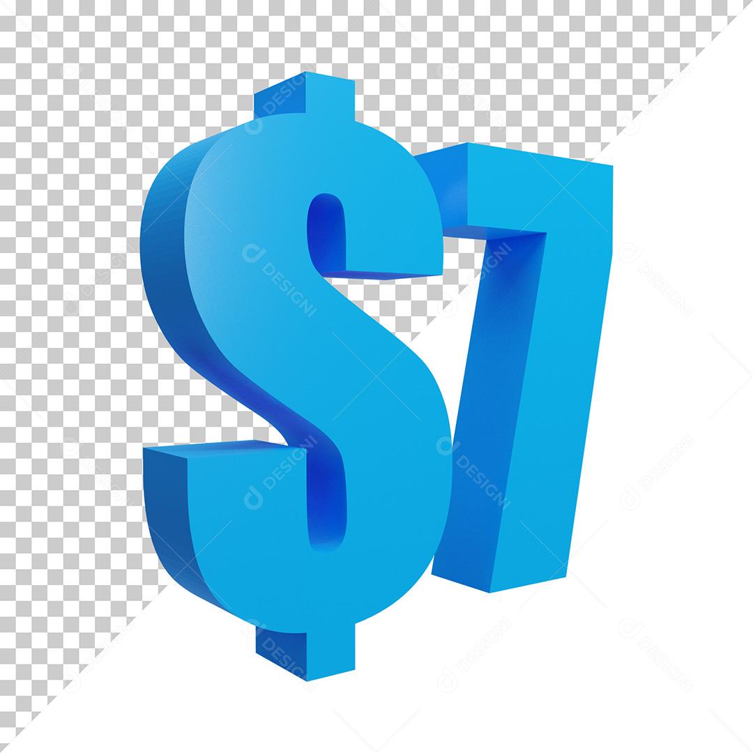 Elemento 3D $7 Azul Para Composição PNG Trasparente Sem Fundo