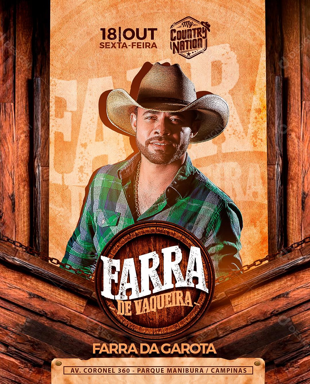 Flyer Farra de Vaqueira Cantor Social Media PSD Editável