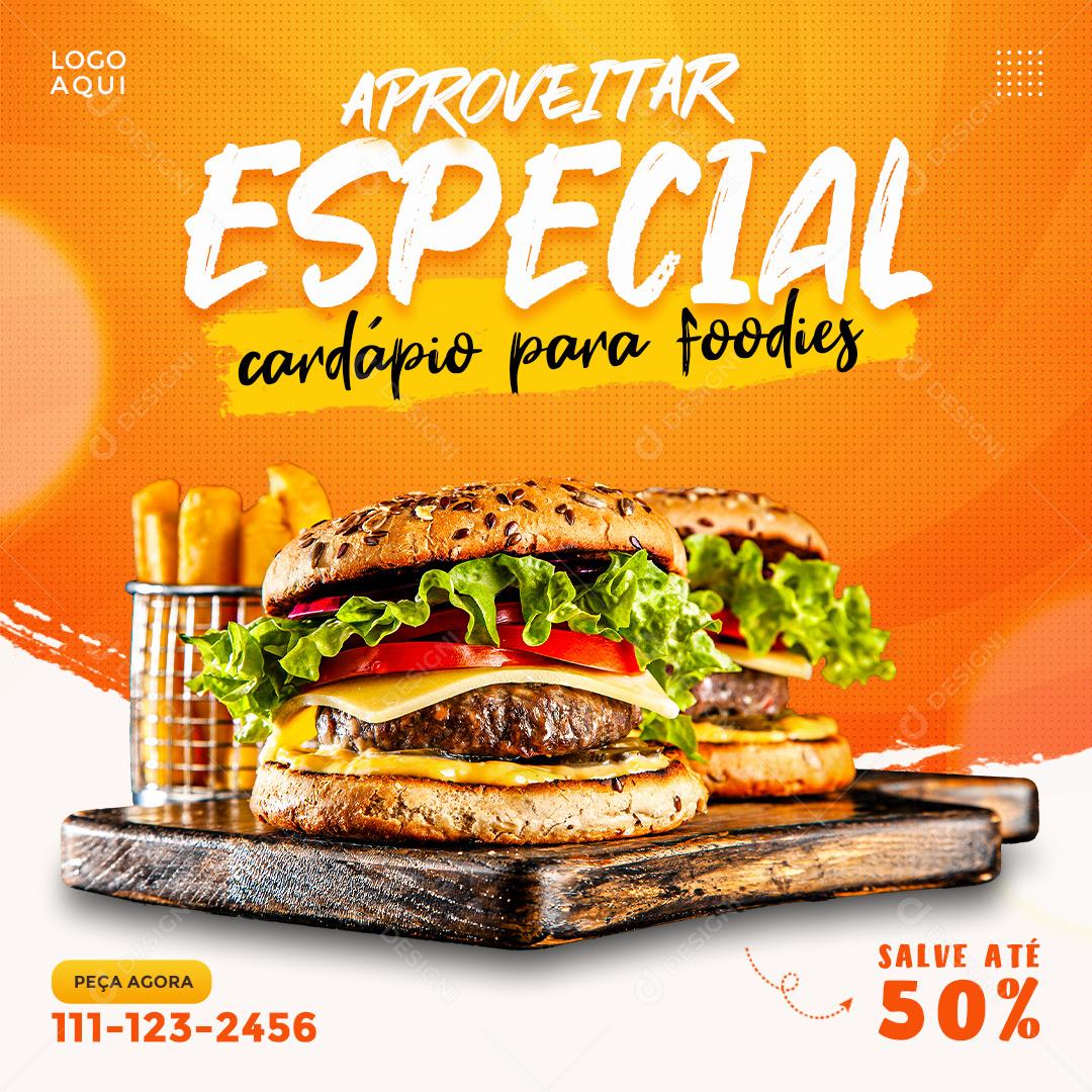 Post Feed Hamburgueria Aproveitar Especial Cardápio Burguer Social Media PSD Editável