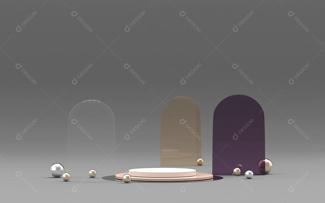 Pódio 3D Cor Nude Creme Mínimo Com Estilo de Morfismo de Vidro e Bolas Metálicas Imagem JPG