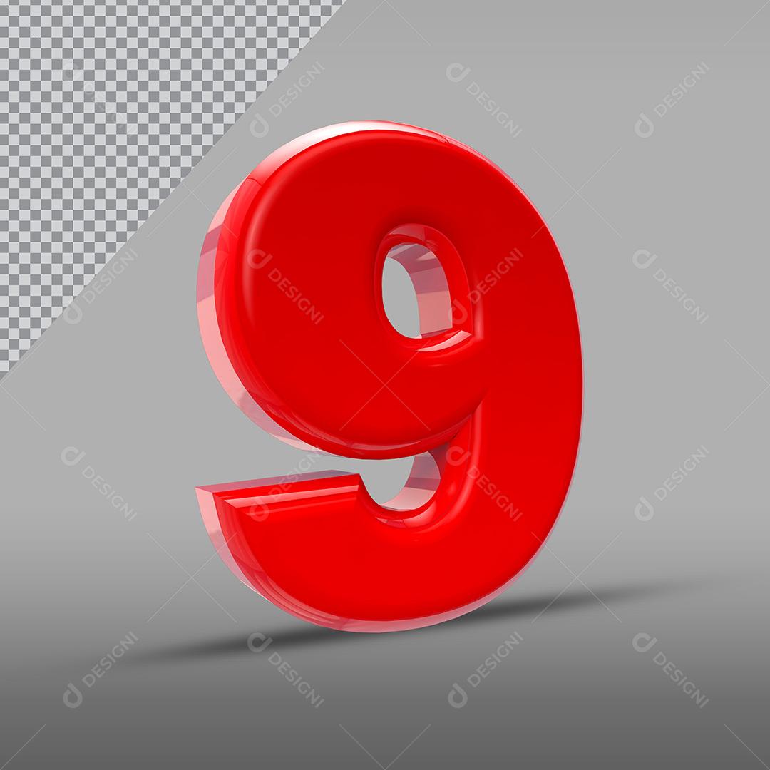 Elemento 3D Social Media Número 9 Vermelho Para Composição PNG Transparente Sem Fundo