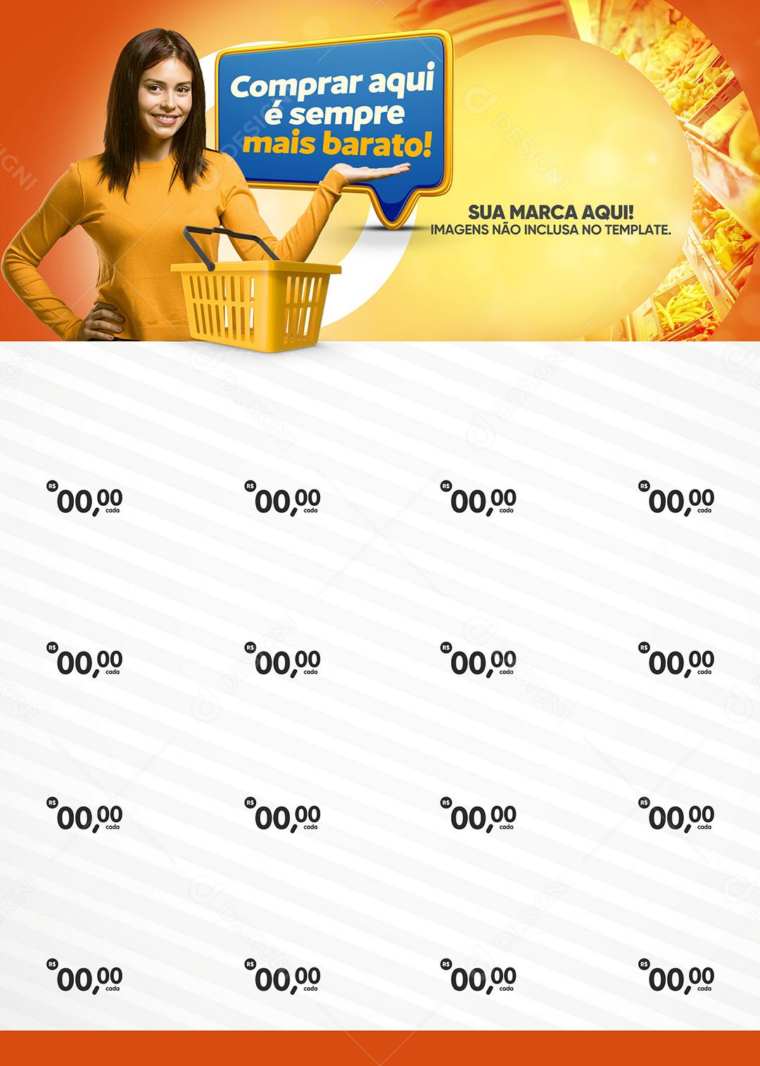 Encarte Social Media Supermercado Compra Aqui é Sempre Mais Barato PSD Editável