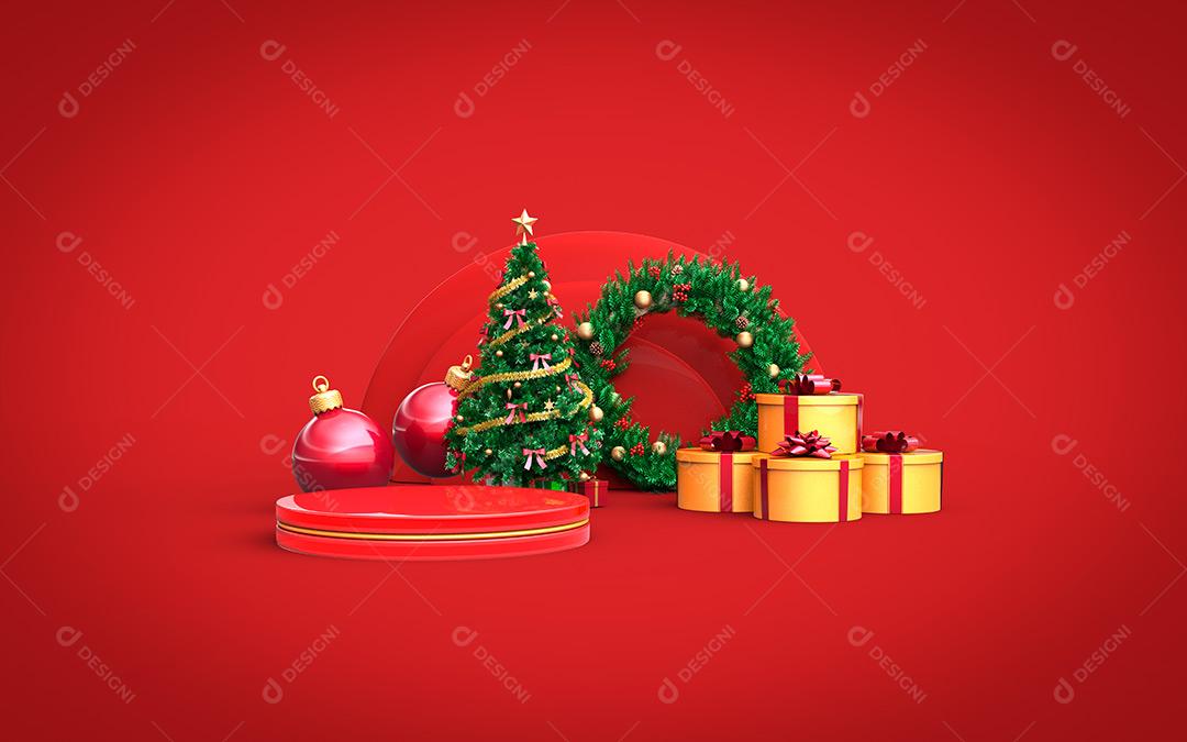 Árvore E Presentes De Natal Fundo Vermelho Imagem JPG